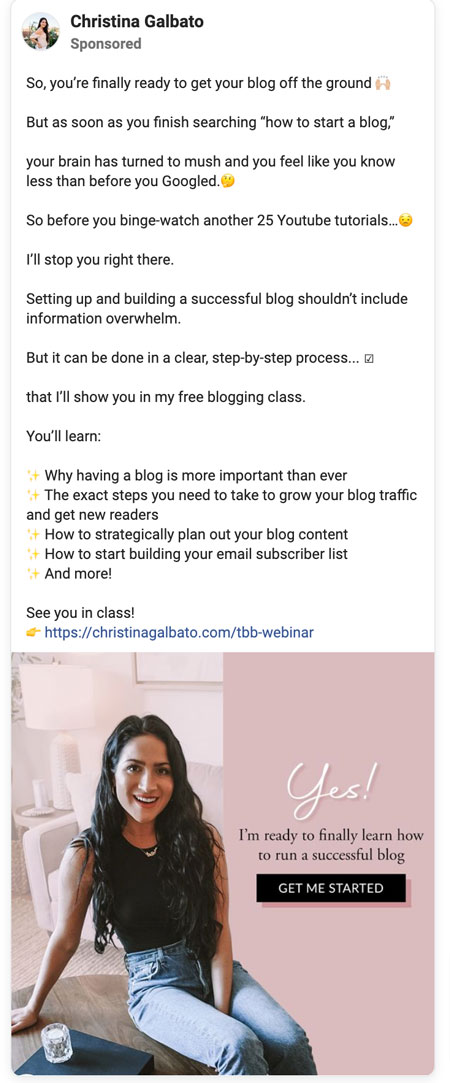 Facebook ad featuring Christina Galbato - ad is for a course for new bloggers