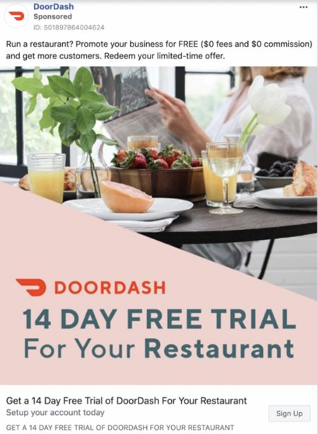 Facebook ad from DoorDash that helps restaurant owners get more customers before buying
