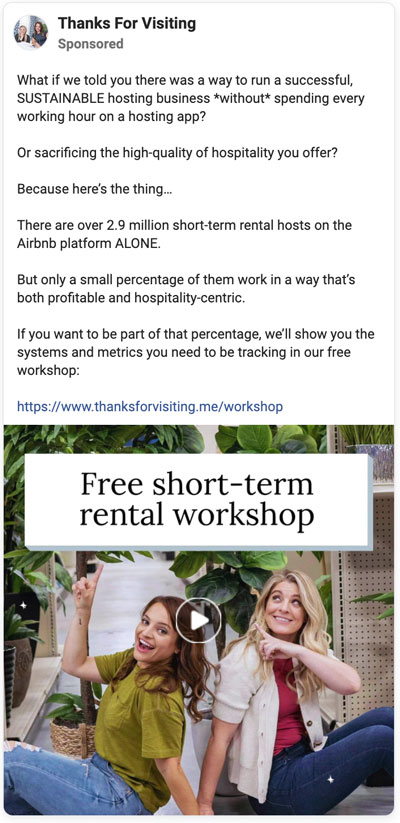 Facebook ad for a hospitality workshop featuring ways to offer sustainably profitable short-term rentals